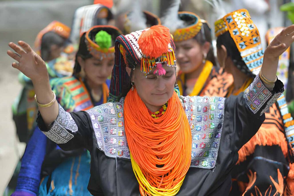 Kalasha women with a traditional headdress