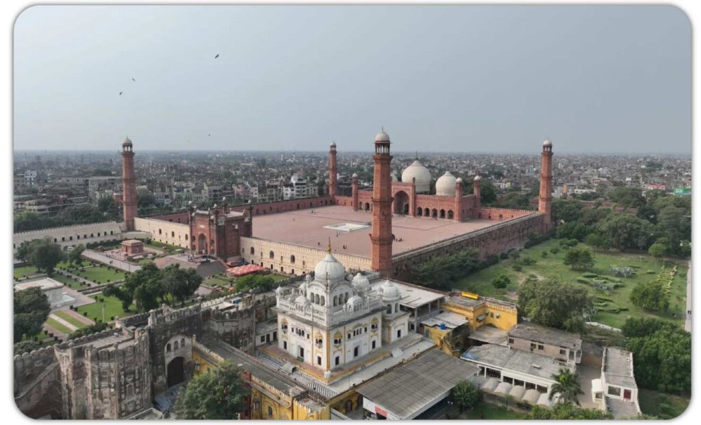 Ariel view of Badshahi Masjid walled city Lahore