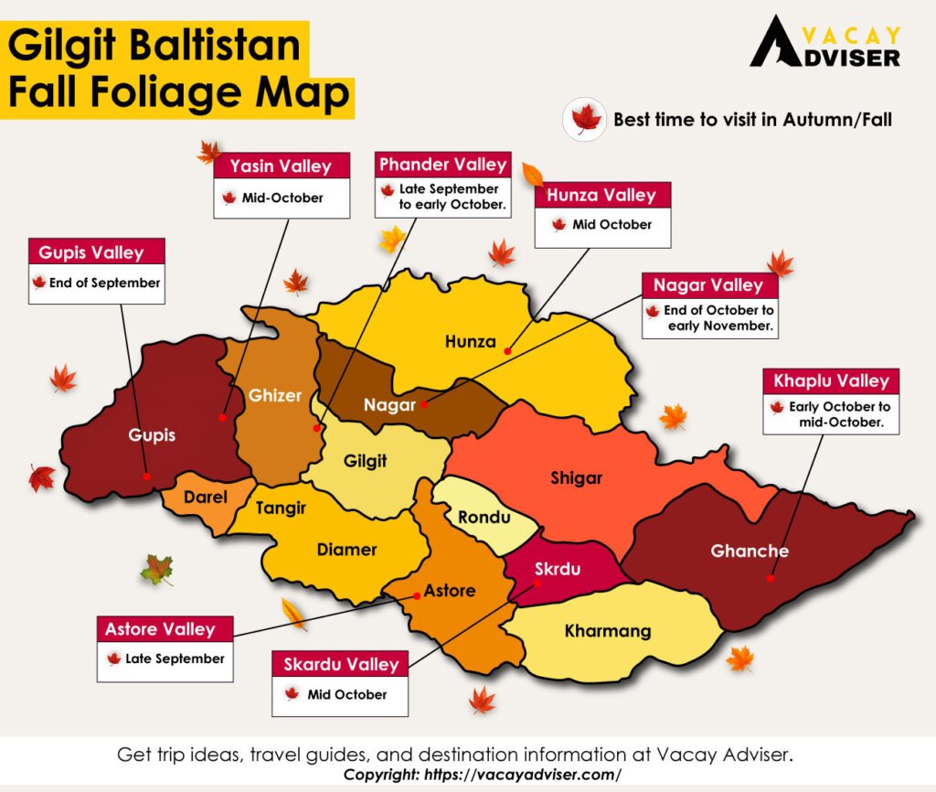 This map shows when and where to see peak autumn colors in Gilgit Baltistan.